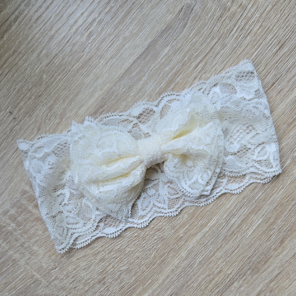 Baby Girl Ivory Lace Stretch Bow Headband Floral Toddler Hair Band Accessory